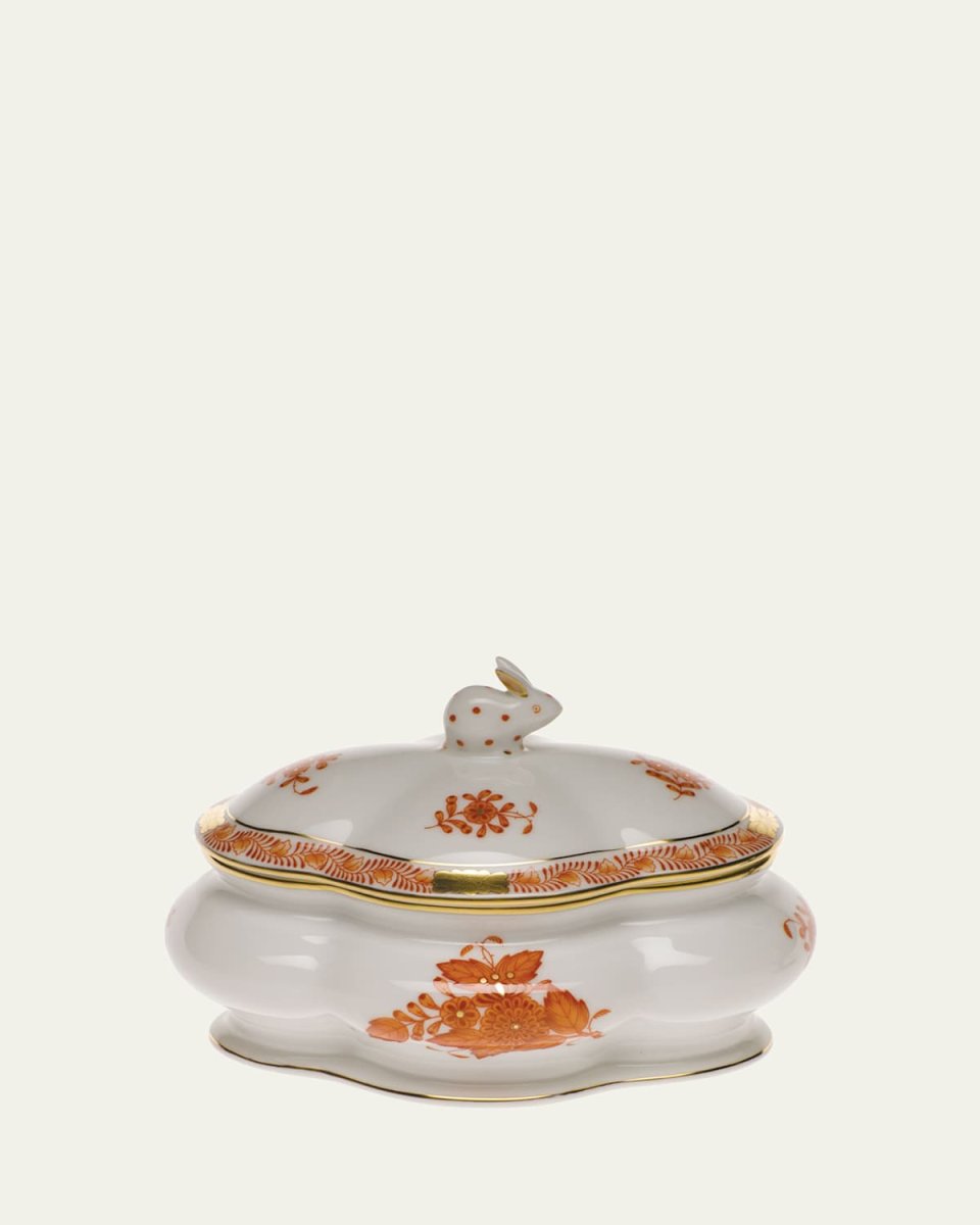 Chinese Bouquet Rust Covered Porcelain Bonbon Box with Bunny